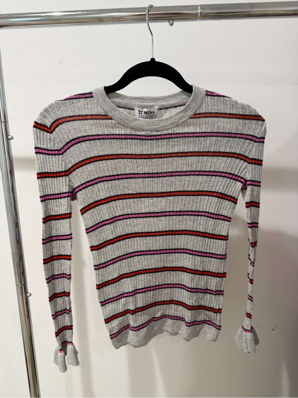 27 Miles Malibu Gray Ribbed Crewneck Sweater with Pink and Orange Stripes